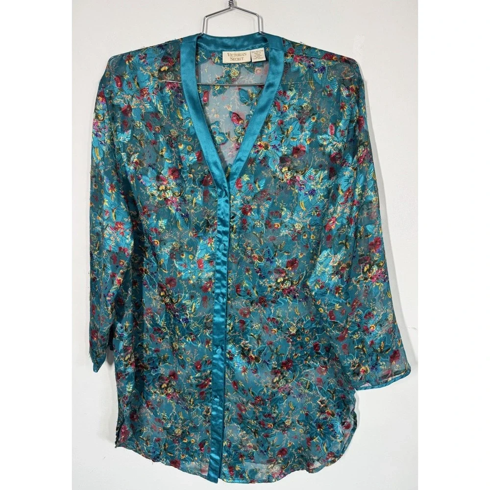 VTG Victoria's Secret Sexy Sheer Turquoise Floral Satin Button Up Nightgown M/L - Picture 1 of 8